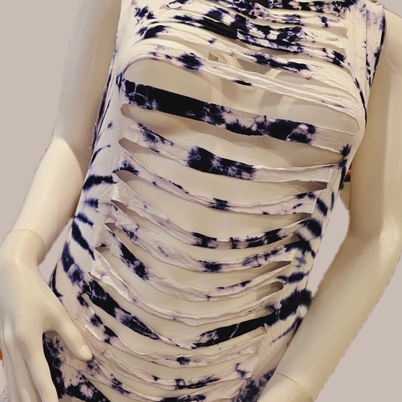 KATHMANDU Blue Wht Stretchy Rayon Hi Lo Sharkbite Layering Top/Dress OS NWT - Picture 5 of 7